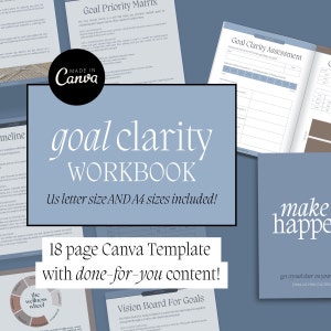 Może przedstawiać: Cyfrowy, drukowalny zeszyt do pracy nad klarownością celów w kolorze niebieskim i białym z tekstem "goal clarity WORKBOOK" dużymi białymi literami. Zeszyt jest 18-stronicowym szablonem Canva z gotową treścią. Tekst "Us letter size AND A4 sizes included!" znajduje się pod tytułem. Tekst "18 page Canva Template with done-for-you content!" znajduje się w prawym dolnym rogu obrazu. Tekst "Vision Board For Goals" znajduje się w lewym dolnym rogu obrazu.