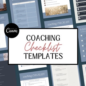 Könnte beinhalten: Ein Satz druckbarer Coaching-Checklistenvorlagen in einem blau-weißen Farbschema. Der Text "COACHING Checklist TEMPLATES" ist in rosa Schrift. Die Checklisten umfassen Themen wie Zielsetzung, die Schaffung eines großartigen Arbeitsplatzes, die Einnahme regelmäßiger Pausen, ausreichend Schlaf und die Etablierung einer Routine.