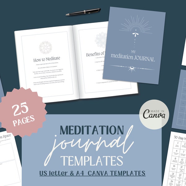 Meditation Journal Template, Meditation Journal Canva Templates, Meditation Journal Printable, Daily Meditation, Meditation Journal Digital