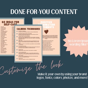Peut inclure: Trois feuilles de travail imprimables avec du texte rose et brun sur un fond bleu clair. Les feuilles de travail sont intitul&eacute;es "60 id&eacute;es pour prendre soin de soi", "Techniques d'apaisement" et "Affirmations positives". Le texte "Contenu pr&ecirc;t &agrave; l'emploi" est en haut de l'image. Le texte "Personnaliser l'apparence" est en bas de l'image. Le texte "Cr&eacute;ez votre propre design en utilisant votre logo, vos polices, vos couleurs, vos photos et plus encore !" est en bas de l'image.