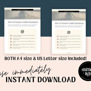 May include: Two printable pages with a light blue background and a light blue and white image of a lake. The pages contain the text "How To Practice Conflict Resolution" and a checklist of tips for resolving conflict. The text "BOTH A4 size & US Letter size Included!" is at the bottom of the page. The text "use immediately INSTANT DOWNLOAD" is at the bottom of the page. The text "shifting light" is in a circle at the bottom of the page.