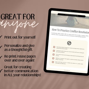 May include: A digital printable guide with the title "How To Practice Conflict Resolution". The guide lists steps to help improve communication and conflict resolution skills. The text "Great for anyone" is displayed on a brown background with checkmarks next to bullet points describing how to use the guide.
