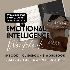 Puede incluir: Una portada de producto digital que presenta a una mujer con la mano en la cara. La portada es para un libro electrónico y un cuaderno de trabajo titulado "Emotional Intelligence Workbook". El texto "Includes PLR & MRR/Master Resell Rights" también está incluido en la portada.