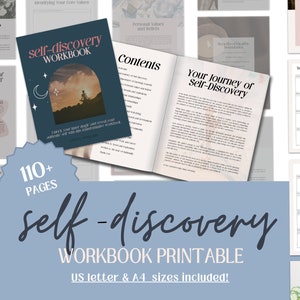 May include: A printable self-discovery workbook with over 110 pages. The cover features a sunset scene with a crescent moon and stars. The title "self-discovery WORKBOOK" is in a large, bold font. The text "US letter & A4 sizes included!" is at the bottom of the cover.
