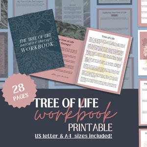 Puede incluir: Un cuaderno de trabajo imprimible titulado "El Árbol de la Vida: Cuaderno de terapia narrativa" con 28 páginas. La portada presenta una ilustración estilizada de un árbol con raíces y ramas. El cuaderno de trabajo está diseñado para su uso con la terapia narrativa e incluye ejercicios y actividades para ayudar a las personas a explorar sus historias personales y experiencias.