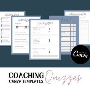 Puede incluir: Un conjunto de cuestionarios de entrenamiento imprimibles en azul y gris con el texto "coaching QUIZ" y "relationship QUIZ". Los cuestionarios están diseñados para ser utilizados en Canva.