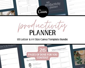 Editable Productivity Planner Canva Template: 26-Page Printable Workbook (US Letter & A4)