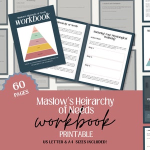 May include: A printable workbook with 60 pages on Maslow's Hierarchy of Needs. The workbook features a colorful pyramid diagram and includes sections for nurturing physiological wellbeing. The cover is pink with white text and a large red star with the number 60 in white.