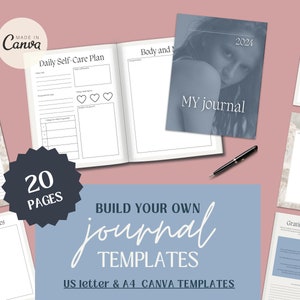 May include: A set of 20 printable journal templates for Canva. The templates are designed for US Letter and A4 paper sizes. The templates include pages for daily self-care, body and mind, monthly reflection, gratitude reflection, and journal pages. The templates are designed in a minimalist style with black text on a white background.