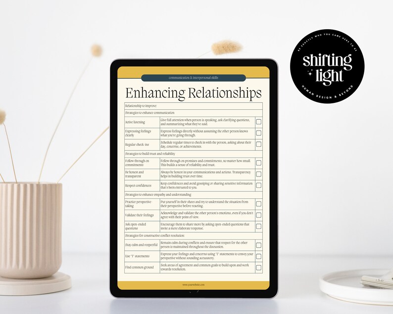 May include: A digital tablet displaying a checklist titled "Enhancing Relationships" with strategies to improve communication and build trust. The checklist includes items like active listening, expressing feelings, regular check-ins, and acknowledging perspectives.