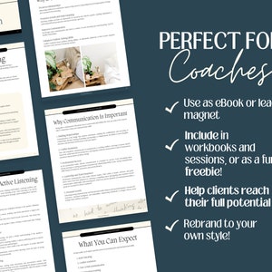 May include: A digital download for coaches, titled "Perfect for Coaches". The text describes how to use the download as an eBook, lead magnet, workbook, or freebie. It also states that the download can help clients reach their full potential and can be rebranded to a coach's own style.