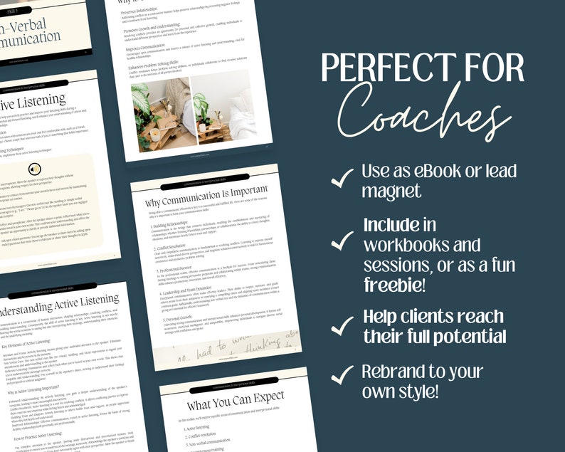 May include: A digital download for coaches, titled "Perfect for Coaches". The text describes how to use the download as an eBook, lead magnet, workbook, or freebie. It also states that the download can help clients reach their full potential and can be rebranded to a coach's own style.