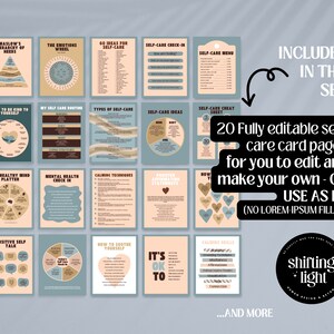 Peut inclure: Un ensemble de 20 cartes de soins personnels imprimables avec un sch&eacute;ma de couleurs bleu et p&ecirc;che. Les cartes pr&eacute;sentent divers conseils et activit&eacute;s de soins personnels, notamment un menu de soins personnels, des techniques d'apaisement et des affirmations positives. Le texte "INCLUS DANS L'ENSEMBLE" et "20 pages de cartes de soins personnels enti&egrave;rement modifiables pour que vous puissiez les modifier et cr&eacute;er les v&ocirc;tres - OU UTILISER TEL QUEL ! (AUCUN REMPLISSAGE LOREM IPSUM)" est inclus dans l'image.