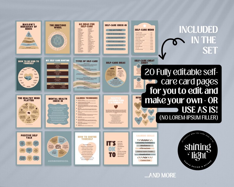 Peut inclure: Un ensemble de 20 cartes de soins personnels imprimables avec un sch&eacute;ma de couleurs bleu et p&ecirc;che. Les cartes pr&eacute;sentent divers conseils et activit&eacute;s de soins personnels, notamment un menu de soins personnels, des techniques d'apaisement et des affirmations positives. Le texte "INCLUS DANS L'ENSEMBLE" et "20 pages de cartes de soins personnels enti&egrave;rement modifiables pour que vous puissiez les modifier et cr&eacute;er les v&ocirc;tres - OU UTILISER TEL QUEL ! (AUCUN REMPLISSAGE LOREM IPSUM)" est inclus dans l'image.