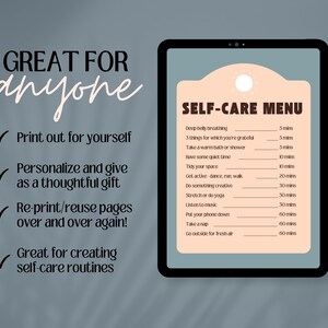 Peut inclure: Un menu de soins personnels imprimable avec un fond p&ecirc;che clair et une ic&ocirc;ne de soleil. Le menu liste des activit&eacute;s de soins personnels avec des dur&eacute;es estim&eacute;es, telles que la respiration profonde du ventre, la prise d'un bain chaud, le temps calme, l'activit&eacute; physique, la cr&eacute;ation, les &eacute;tirements, l'&eacute;coute de musique, la sieste et la sortie &agrave; l'air frais.