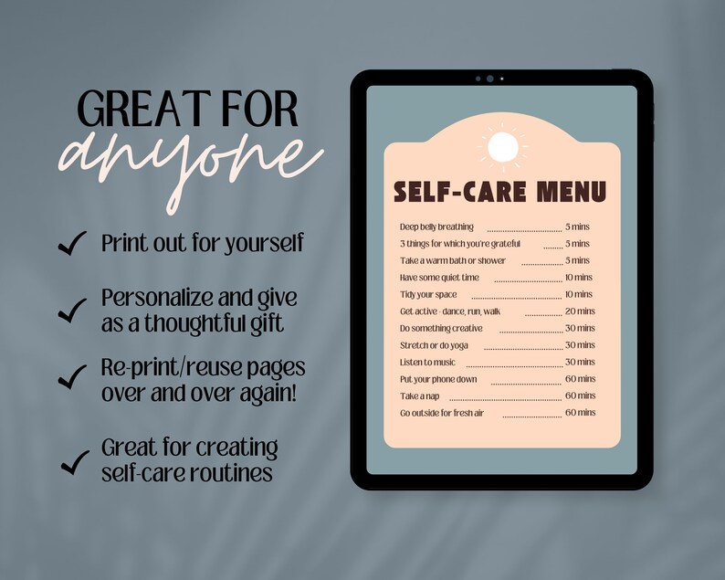 Peut inclure: Un menu de soins personnels imprimable avec un fond p&ecirc;che clair et une ic&ocirc;ne de soleil. Le menu liste des activit&eacute;s de soins personnels avec des dur&eacute;es estim&eacute;es, telles que la respiration profonde du ventre, la prise d'un bain chaud, le temps calme, l'activit&eacute; physique, la cr&eacute;ation, les &eacute;tirements, l'&eacute;coute de musique, la sieste et la sortie &agrave; l'air frais.