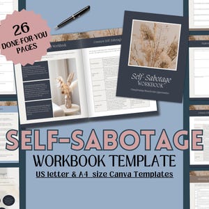 May include: A digital printable workbook template for self-sabotage. The template includes 26 pages with prompts and exercises to help you identify and overcome self-sabotaging behaviors. The template is designed for use with Canva and is available in US letter and A4 sizes.