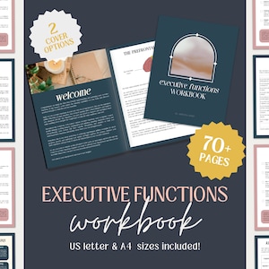 Może przedstawiać: Zeszyt ćwiczeń zatytułowany "Executive Functions Workbook" z dwoma opcjami okładki, niebieską okładką z wiadomością powitalną i brzoskwiniową okładką z ilustracją mózgu. Zeszyt ćwiczeń zawiera ponad 70 stron i jest dostępny w rozmiarach US Letter i A4.