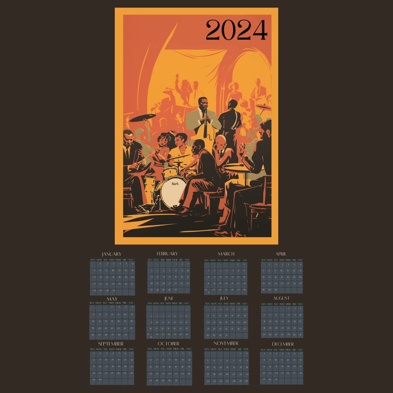 Onepage Calendar Jazz Poster, 2024 Wall Calendar, Home Office Calendar