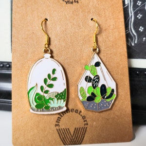 I LOVE PLANT Succulent Terrarium Asymmetrical Enamel Earrings with 925 Sterling Silver Hooks
