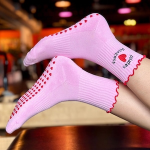 Grip sock for Pilates Workout non slip ruffle sock for yoga fitness footwear for women Princess Pilates Embroidered non slip sock for Barre