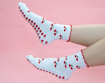 Grip sock cherry nonslip for pilates studio gift for friend recovery gift barre sock for women physical therapy anti slip yoga cherry design