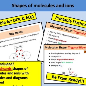 以下が含まれることがあります： OCRとAQAの試験に適した印刷可能なフラッシュカード。分子とイオンの形状を示す11枚のフラッシュカードが含まれており、例と図も含まれています。フラッシュカードは、三角形平面と三角形双錐の分子形状を扱っています。
