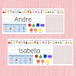 May include: Two printable worksheets for teaching phonics and spelling. The worksheets feature the names Andre and Isabella, and use the letter 'e' to illustrate the vowel sound. The worksheets also include a grid of numbers 1-100, a section with shapes, and a section with pictures of objects that start with the letter 'e'.