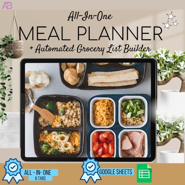 Weekly Meal Planner and Grocery List | Google Sheets Digital Template | Automated Shopping List | Food Prep | Printable Digital Meal Planner