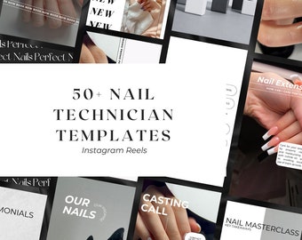 Op de afbeelding: Een collage van Instagram-reel-sjablonen voor nagelstylisten. De sjablonen bevatten afbeeldingen van nagels, nagellakflesjes en tekstoverlays. De tekst bevat zinnen als "50+ Nagelstylist-sjablonen", "Onze nagels", "Casting Call" en "Nagel Masterclass".