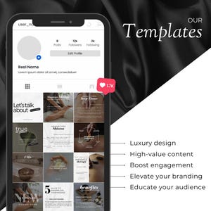 May include: A screenshot of a social media profile for a massage therapy business. The profile has 12,000 followers and 2,000 following. The profile picture is a generic avatar. The profile has a grid of nine images, each with a different massage therapy related topic. The topics include "Let's talk about", "Massage Therapy Types", "Deep Tissue", "True or False", "Shiatsu", "Massage Therapy", "FAQ", "5 Ways to Prepare for Your Massage", and "Benefits". The profile also has a call to action button that says "Book Now".
