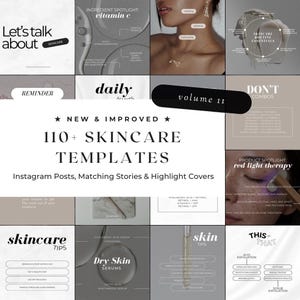 Könnte beinhalten: Eine Collage aus Bildern, die Instagram-Vorlagen für die Hautpflege bewerben. Die Bilder zeigen eine Vielzahl von Hautpflegeprodukten, darunter Vitamin-C-Serum, Hyaluronsäure-Serum und Rotlichttherapie. Der Text auf den Bildern enthält Sätze wie "Lass uns über Hautpflege sprechen", "Neu & Verbessert", "110+ Hautpflegevorlagen", "Instagram-Posts, passende Stories & Highlight-Cover", "Hautpflege-Tipps", "Trockene Haut Seren", "Haut-Tipps", "Dies oder Das", und "Säure-Peeling".