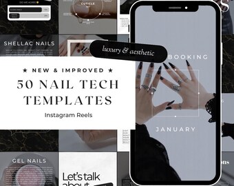 Op de afbeelding: Een collage van Instagram Reels-sjablonen voor nagelstylisten. De sjablonen hebben zwarte en witte achtergronden met tekstoverlays, waaronder "Nieuw & Verbeterd", "50 Nageltechnici-sjablonen", "Instagram Reels", "Shellac-nagels", "Gelnagels", "Laten we het over nagels hebben", "Diensten", "Boeking", "Januari", "Luxe & Esthetiek" en "Dit Dat".