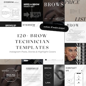 Puede incluir: Un collage de imágenes en blanco y negro con superposiciones de texto que promocionan los servicios de técnico de cejas. El texto incluye "120+ Plantillas de técnico de cejas", "Cejas 101", "Estilos de cejas", "Cuidado posterior a la depilación de cejas", "Cuidado de la laminación de cejas 101", "Ceja", "Contáctanos", "Nuevo" y "Lista de precios".
