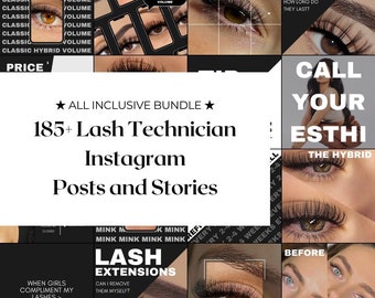 Puede incluir: Un collage de imágenes que promocionan servicios de extensiones de pestañas. Las imágenes muestran primeros planos de ojos con diferentes estilos de pestañas, incluyendo clásicas, híbridas y de volumen. El texto "185+ Lash Technician Instagram Posts and Stories" aparece en el centro del collage.