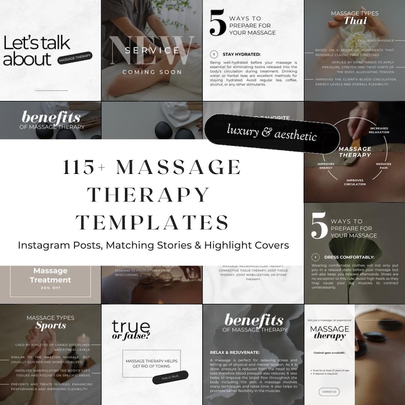 May include: A collage of images promoting massage therapy services. The images feature text overlays with phrases like "Let's talk about massage therapy", "New service coming soon", "Benefits of massage therapy", "Luxury & aesthetic", "Massage types", "True or false? Massage therapy helps get rid of toxins", "Massage treatment 33% off", "Massage types: Sports", "Relax & rejuvenate", "Massage therapy" and "115+ Massage Therapy Templates: Instagram Posts, Matching Stories & Highlight Covers".