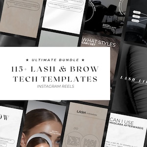 Puede incluir: Un conjunto de plantillas para técnicos de pestañas y cejas. El texto central dice "ULTIMATE BUNDLE" y "115+ LASH & BROW TECH TEMPLATES INSTAGRAM REELS". La imagen incluye varios gráficos informativos con texto como "AVOID USING OILS & CREAMS ON YOUR LASHES FOR THE FIRST 24HRS".