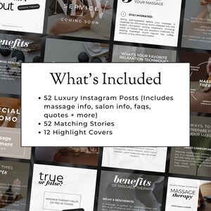 May include: A digital marketing kit for massage therapists. The kit includes 52 luxury Instagram posts, 52 matching stories, and 12 highlight covers. The kit is designed to help massage therapists promote their business and attract new clients.