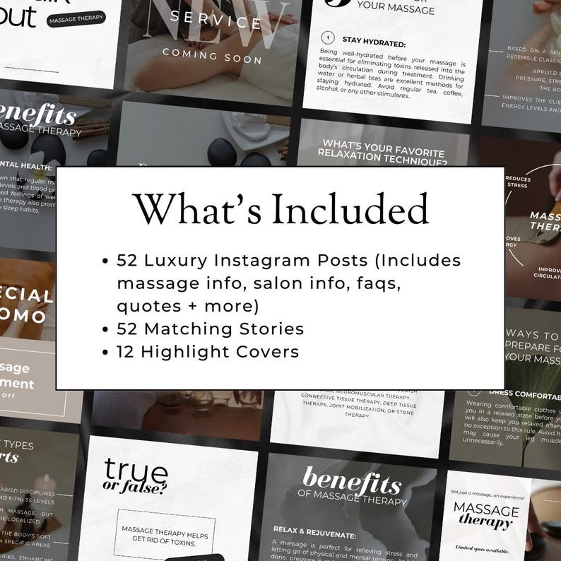 May include: A digital marketing kit for massage therapists. The kit includes 52 luxury Instagram posts, 52 matching stories, and 12 highlight covers. The kit is designed to help massage therapists promote their business and attract new clients.