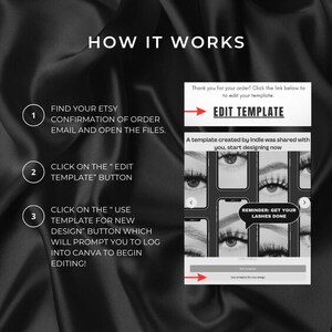 May include: A black and white graphic showing how to edit a template. The steps are numbered 1 through 3. Step 1: Find your Etsy confirmation of order email and open the files. Step 2: Click on the "Edit Template" button. Step 3: Click on the "Use Template for New Design" button which will prompt you to log into Canva to begin editing. The graphic also includes a red arrow pointing to the text "Edit Template".