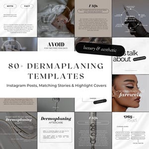 May include: A collage of 80+ Instagram post templates for dermaplaning. The templates feature a variety of designs, including text, images, and graphics. The templates are designed to help businesses promote their dermaplaning services.