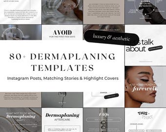 Más de 80 publicaciones e historias de Instagram sobre dermaplaning, plantillas para esteticistas faciales, publicaciones para dermatólogos y publicaciones sobre cuidado de la piel en redes sociales.