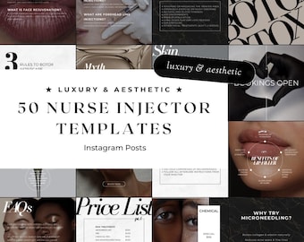 May include: A promotional image with the text "50 Nurse Injector Templates" and "Instagram Posts." The image includes various panels with information about dermal fillers, anti-wrinkle treatments, and lip fillers. The overall theme is luxury and aesthetics.