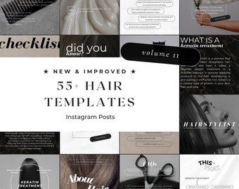 May include: A collection of Instagram post templates for hair care, featuring text like "55+ Hair Templates" and "Keratin Treatment." The design uses a neutral color palette with images of hair and related tools.