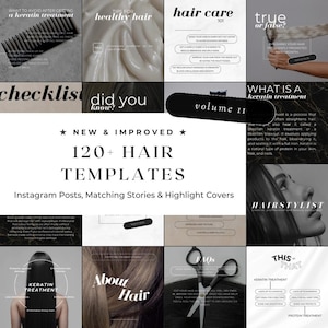 Könnte beinhalten: Eine Collage aus 12 Instagram-Story-Vorlagen für Friseurprofis. Die Vorlagen behandeln eine Vielzahl von Themen, darunter Keratinbehandlungen, Haar-pflegetipps und Haarstyling. Die Vorlagen sind in einem modernen und minimalistischen Stil mit einem Schwarz-Weiß-Farbschema gestaltet.