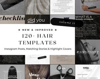 May include: A collage of 12 Instagram story templates for hair care professionals. The templates feature a variety of topics, including keratin treatments, hair care tips, and hair styling. The templates are designed in a modern and minimalist style with black and white color scheme.