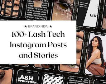 May include: A collage of images promoting lash tech services. The images feature close-ups of eyelashes, a price list, and a woman wearing a brown outfit. The text "100+ Lash Tech Instagram Posts and Stories" is displayed in white letters on a black background.