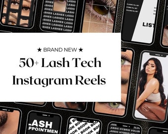 Pode incluir: Uma colagem de imagens que promovem os serviços de técnico de cílios no Instagram. As imagens apresentam close-ups de cílios, uma mulher com cílios longos e texto que diz "50+ Lash Tech Instagram Reels".