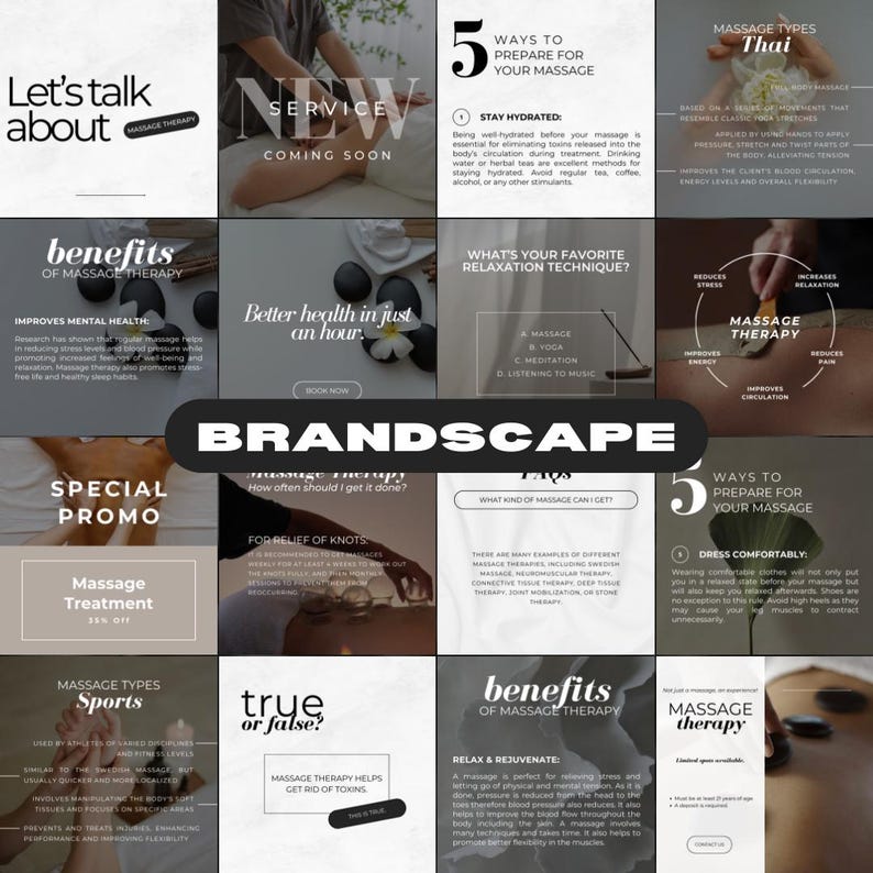 May include: A collage of images promoting massage therapy services. The images feature text about the benefits of massage, different types of massage, and tips for preparing for a massage. The text includes phrases like "Let's talk about massage therapy", "Benefits of massage therapy", "Massage types", "Ways to prepare for your massage", and "Massage treatment".