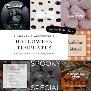May include: A collection of Halloween-themed Instagram templates. Designs include pumpkins, spooky characters, and text overlays such as "Luxury & Aesthetic" and "Happy Halloween!" The colour scheme features black, white, and orange.